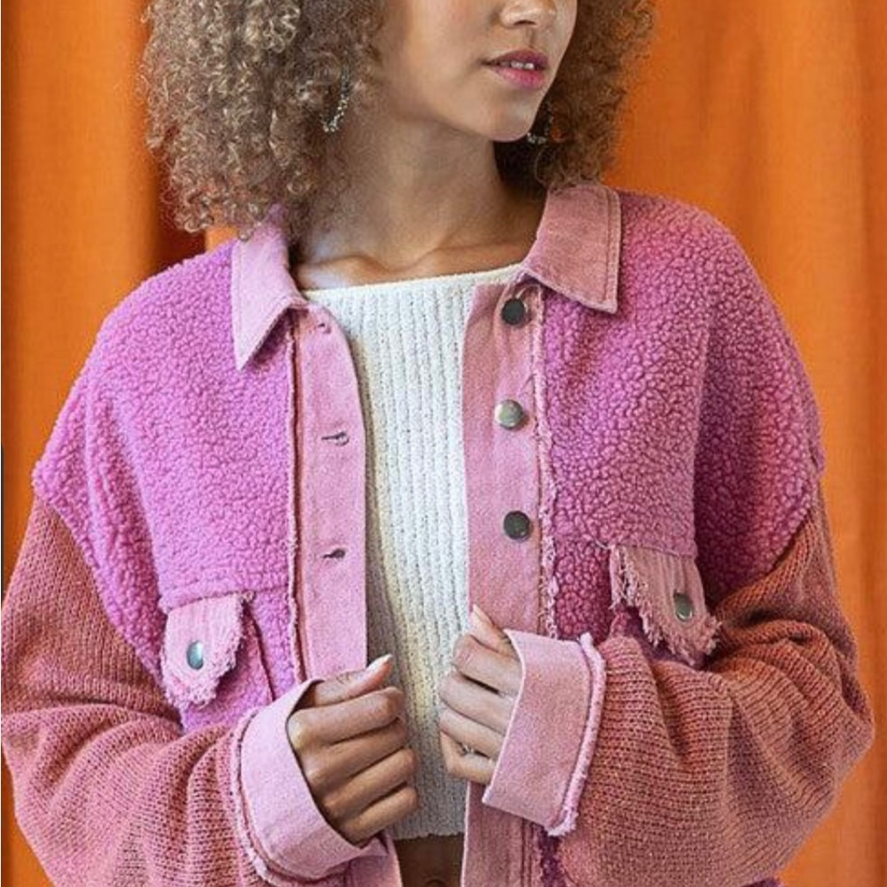 POL Sherpa Contrast Knit Oversized Jacket, Barbie pink